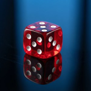 Red die reflecting on a glossy black surface with blue lighting.