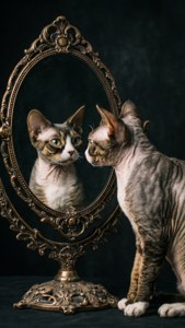 Cornish Rex tutkii heijastustaan koristeellisessa peilissä, dramaattinen ja itsetutkiskeleva.