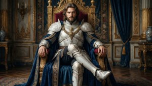Julius Juukulius sitzt in einer königlichen Pose auf einem Thron und zeigt Eleganz und Autorität.