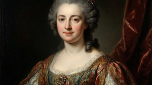 Klassinen muotokuva Marie Anne Bourlierista, jossa on runsasta kirjontaa ja pehmeää valaistusta.