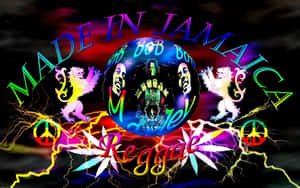 Reggae music graphic with Bob Marley faces peace symbols and lightning on a dark background. — Reggae Wallpaper
