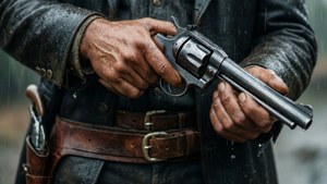 Primo piano di William Munny che ricarica il suo revolver sotto la pioggia, grintoso e concentrato.