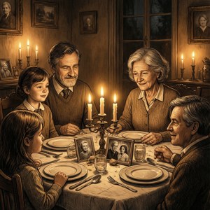 Vintage illustration af familie, der ærer forfædre med lys og billeder