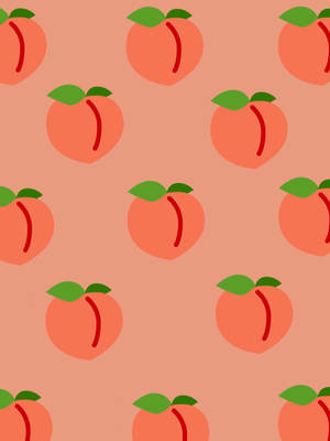 Repeating peach illustrations with green leaves on a coral background.