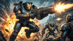 War Machine au combat tirant des répulseurs avec explosions.