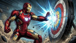 Sinar repulsor Iron Man mengenai target dengan efek ledakan.