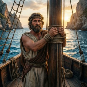 Odysseus menahan nyanyian para Siren, diikat ke tiang kapal saat matahari terbenam.