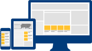 Three blue devices showing responsive web design layouts with yellow blocks.