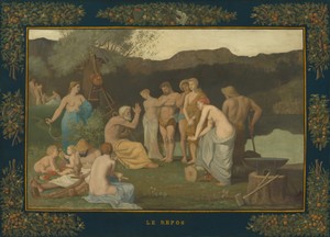 Rest by Pierre Puvis de Chavannes, created c. 1863, in oil on canvas. Download this artwork as a high-resolution wallpaper for desktop, tablet, or mobile. — Pierre Puvis de Chavannes Wallpaper
