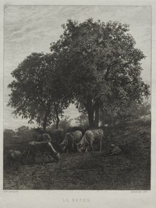 Rest by Charles Emile Jacque, created 1864, in etching. Download this artwork as a high-resolution wallpaper for desktop, tablet, or mobile. — Charles Emile Jacque Wallpaper