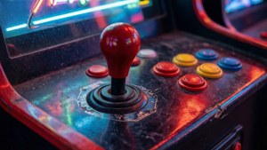 Ultra-detaillierte 6K Nahaufnahme von Vintage-Arcade-Joystick und -Tasten