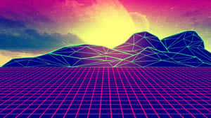 Neon-Gitterboden mit geometrischen Bergen unter einem lebhaften Sonnenuntergangshimmel im retrofuturistischen Stil. — Wunderschöner Blick Auf Die Berge Wallpaper