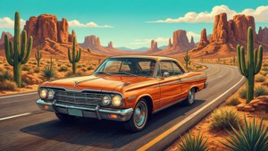 Arte vetorial de um carro retrô no deserto com cactos e cores vintage.