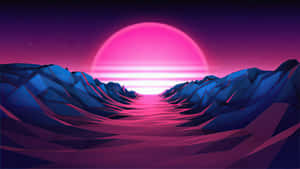 Low-poly mountains under a glowing pink sun in a futuristic landscape. — Retro Game Picture