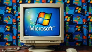 A nostalgic pixel art wallpaper of Windows 95 on a vintage monitor.