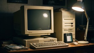 Pengaturan komputer retro yang atmosferis dengan monitor CRT dan floppy disk drive