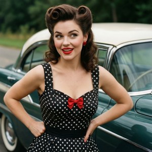 Josie Maran som en 1950-talls pin-up-jente med veteranbil.
