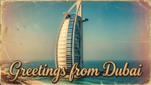 Foto com filtro vintage do Burj Al Arab com sobreposição de texto de saudação.