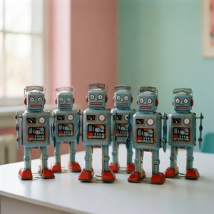 Speels behang met zes vintage chroom robotspeelgoed opgesteld in pastelkleuren