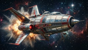 Un'astronave in stile anni '50 che sfreccia nello spazio.