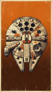 Retro 1970-talls sci-fi plakatstil vektor av Millennium Falcon med oransje og brune toner.