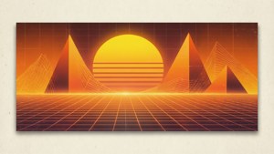 80-luvun synthwave-otsake lämpimällä oranssinkeltaisella liukuvärillä ja ruudukkokerroksella.