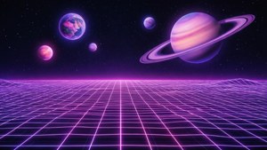 Pemandangan retrowave kosmik dengan grid neon dan planet.