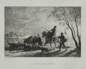Return from the Fields by Charles Emile Jacque, created 1865, in etching. Download this artwork as a high-resolution wallpaper for desktop, tablet, or mobile. — Charles Emile Jacque Wallpaper