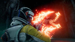 A soldier fires a weapon at a glowing red enemy in a dark forest at night.