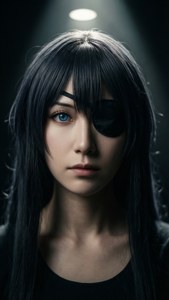 Gadis anime dengan satu mata biru dan penutup mata hitam di bawah sorotan