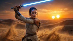 Rey with lightsaber on desert planet at sunset, epic wallpaper.