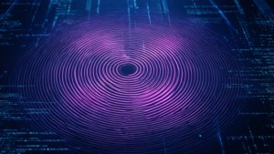 Abstrakt digital kunst som viser konsentriske RFID-bølger i blått og magenta.