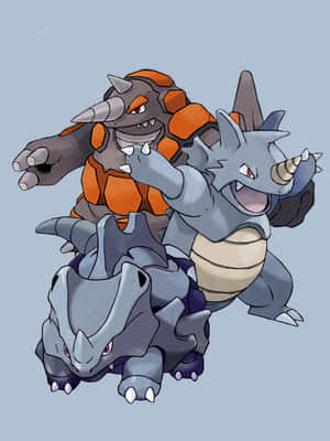 Trois personnages Pokémon de style anime en positions de combat avec des cornes et des griffes acérées. — Rhyperior Fonds d'écran