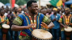 Mann i tradisjonell afrikansk antrekk spiller djembe-tromme på kulturfestival