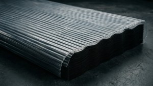 Dik geribbeld plastic overlay dat lijkt op gegolfd materiaal, industrieel en gestructureerd.