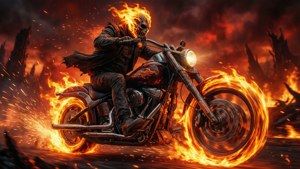Ghost Rider speeds through an inferno on his motorcycle.