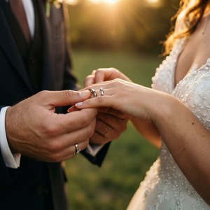 Close-up intim dari pasangan yang saling bertukar cincin kawin, cahaya hangat.
