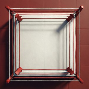 Tampilan minimalis dari atas ke bawah dari ring gulat dalam gaya desain grafis geometris.
