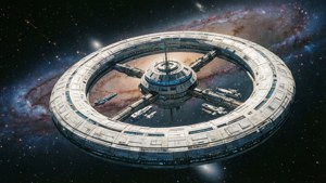 En filmisk vidvinkelbild av en massiv ringformad rymdstation ovanför en spiralgalax.