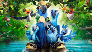 Animated blue macaws and jungle animals enjoying a tropical adventure. — Rio Da Yung Og Wallpaper