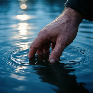 A hand touching water creating ripples with sunlight reflecting on the surface. — Hannibal Picture