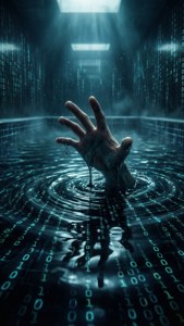 Eine Hand, die aus einem Pool aus dunkler Codeflüssigkeit mit binären Reflexionen ragt