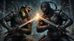 Snake Eyes vastaan Storm Shadow miekkakaksintaistelussa kipinöiden kanssa.