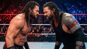 Intensiver Blickwechsel zwischen Seth Rollins und Roman Reigns.