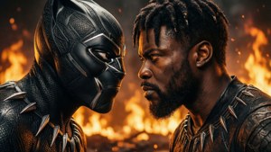 Dramatisk Black Panther-bakgrunnsbilde med Killmonger i en intens konfrontasjon.