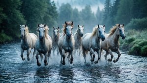 Sept chevaux blancs tonnent à travers une rivière brumeuse dans une forêt à l'aube.