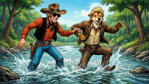 Lucky Luke og hans hest krydser en funklende flod