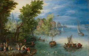 River Landscape by Jan Brueghel the Elder, created 1607, in oil on copper. Download this artwork as a high-resolution wallpaper for desktop, tablet, or mobile. — Jan Brueghel the Elder Wallpaper