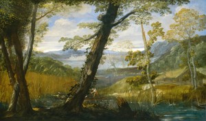 River Landscape by Annibale Carracci, created c. 1590, in oil on canvas. Download this artwork as a high-resolution wallpaper for desktop, tablet, or mobile. — Annibale Carracci Wallpaper