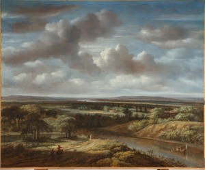 River Landscape by Philips Koninck, created 1676, in canvas; oil paint (paint); paint. Download this artwork as a high-resolution wallpaper for desktop, tablet, — Philips Koninck Wallpaper